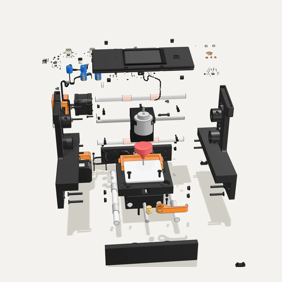 The machine exploded: its parts spread apart along the assembly's levels.