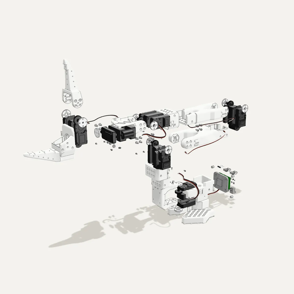 The arm exploded: its parts spread apart along the assembly's levels.